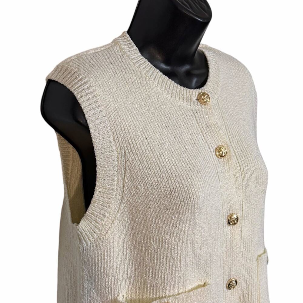 Entro Cream White Textured Knit Sweater Vest Gold Buttons Pockets Crop Top S Y2K - Picture 2 of 6